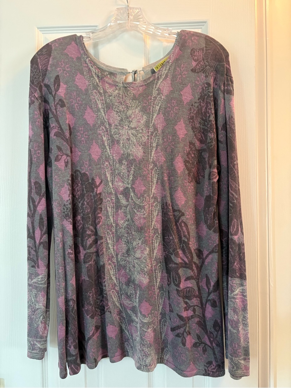 Sigrid Olsen Long Sleeve Scoop Neck Floral & Paisley Print Top - Pink & Gray